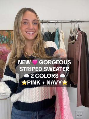 the CUTEST striped sweater is HERE & comes in 2 gorgeous colors ☁️🩷 the pink is perfect for valentine’s day, too 😉  #sweater #striped #sweaters #inspo #winter #comfy #cute #style #styling #affordablefashion #affordable #trendylook #top #trendy #valentines #vday #ValentinesDay #pjnk #navy #stripe 