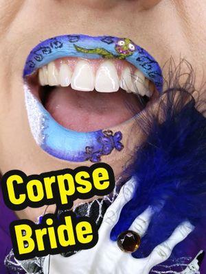 Corpse Bride movie makeup, but make it Emily lip art! 💙🩵🤍 🐛💀🦋 I hope you like the creative makeup transitions for the Corpse Bride lips! 💋 🤍🩵💙 #corpsebridemoviemakeup #corpsebridemakeup #remainsoftheday #halloweenmakeup #emilymakeup 