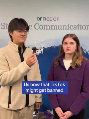 jk we're still here 🤗 #UCDavis | #SocialMedia video description: a student is interviewed with a tiny microphone inside of the Office of Strategic Communications. text on-screen reads "Us now that TikTok might get banned."