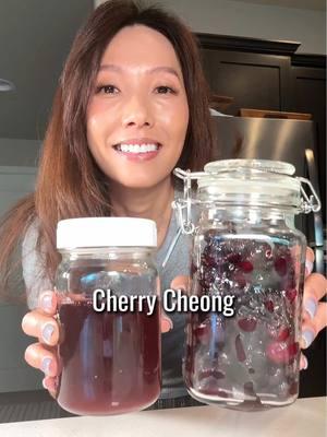 Cherry  Cheong 🍒 Ingredients: Fresh cherries Sugar (equal weight to cherries) Steps: Wash fresh cherries. Let dry completely or dry with a clean towel. Remove the stems and pits. Cut the cherries into halves or quarters. Weigh the cherries, then measure an equal weight of sugar. Ratio for cherries : Sugar = 1 : 1 .  I’m using about 15 oz. of cherries and 15 oz. sugar in this video. In a clean glass jar, layer the cherries and sugar. Finish with a thick layer of sugar on top. Close the lid and keep in the fridge for 7 - 10 days. It may take a couple of days for cherries to begin releasing juice. Once there’s some juice, you may turn the jar daily to help sugar dissolve faster.  You may also use a clean utensil to gently stir the sugar once juice is released.  After 7 to 10 days, strain the syrup and store in the fridge for 1 - 2 months. Enjoy!🍒 #cheong #syrup #cherry #cherries #cherryseason #cherry🍒 #EasyRecipes #koreandessert #koreanfood #koreanrecipe 