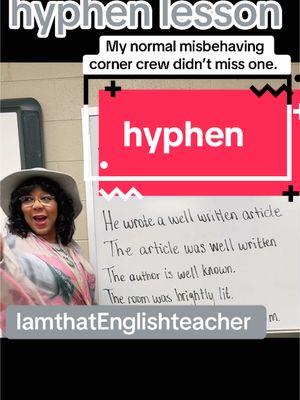 “In this short lesson, I break down how hyphenated adjectives work when placed before a noun versus after the verb. I show why we write ‘a well-known author’ but say ‘the author is well known.’ Learn how hyphens bring clarity to writing and when they’re no longer needed. Perfect for students, ESL learners, and grammar enthusiasts. #hyphen #Hy#HyphenatedAdjectivesrammarLesson #hyphens #QuickGrammarTips #ESLLesson #WritingTips #GrammarRules #LearnGrammar #TeacherLife #MiddleSchoolGrammar #GrammarMatters #TeachersOfTikTok #EnglishLanguage #HyphenRules #SentenceStructure #TeachingEnglish