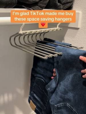 Just what I needed to save some space in my closets,  I can use it for jeans, scarfs, sweatpants etc #spacesavinghanger #pantshanger #storagerack #Hangers  #TikTokShop #pantshangerorganizer #roomneeds