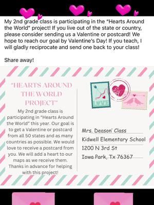 Sharing this for a friend of mine! Would love to see how many Valentine Day cards these 2nd graders could get and where they come from!! @Kristina Deason #fyp #tiktokviral #tiktok #foryou #savetiktok #2025 #ValentinesDay #2ndgrade #2ndgradeteachers #dosomethingnice 