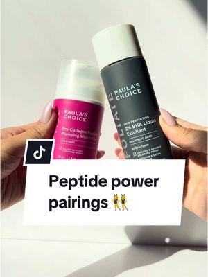 PSA our new Pro-Collagen Peptide Plumping Moisturizer plays well with your other favorite skincare products 🙂‍↕️  The gel-cream formula featuring 3 peptides leaves skin hydrated, bouncy & firm 💓 Which duo is your fave? 👯‍♀️ #PaulasChoice #Peptide #BHA #PeptideMoisturizer #Skincare #AzelaicAcid #VitaminC #Retinol #Niacinamide 