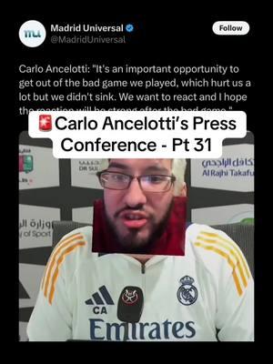 🚨Carlo Ancelotti’s Press Conference - Pt 31 #realmadrid #halamadrid #madrid #carloancelotti #ancelotti #celtavigo #celtadevigo #cdr #copadelrey #tchouameni #alaba #davidalaba #ElClasico #clasico #supercup #uefasupercup #kylian #intercontinentalcup #mbappe #kylianmbappé #intercontinental #lunin #raulasencio #asencio #futbol #futboltiktok #football #footballtiktok #Soccer #soccertiktok #fyp #tapiaa__ 