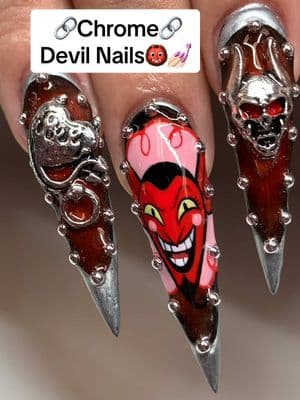 🚨It’s……HIM!😳👹🔥Chrome Devil Baddie nails for @Theresa 💅🏻 would you wear these nails?!🥵🔥 ⛓️‍💥chrome detail nails inspired by @Hollywiththegoodnails ⛓️‍💥 #chromenails #stilettonails #y2knails #nailtrends #nailartist #nailzbydev #nailsart #nailvideos #acrylicnails #valentinesnails #valentinesdaynails 