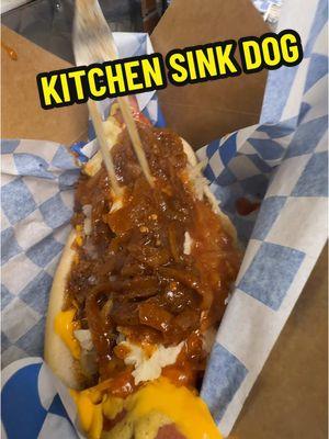 Weighing in at over 1.2 pounds.  This is our KITCHEN SINK Dog made with our 1/2 Pound All Beef Thumanns Hot Dog.   Topped with Mustard, Ketchup, Mayonnaise, sauerkraut, sweet onions, beef chili, smashed potato, hot onions, relish, jalapeños, potato sticks, nacho cheese and Mike’s hot honey  #hotdogs #hotdog #halfpoundhotdog #hotdogchallenge #njeats #njeat #njfood #njfoodspots 