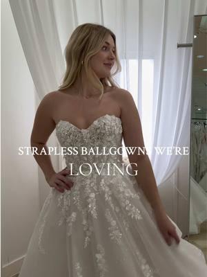 Fun fact: Strapless gowns often feature built-in boning or corsetry, which not only helps provide a secure fit but also gives the dress structure and shape, allowing it to hug the body perfectly without the need for straps! Would you wear a strapless gown down the aisle? #ballgown #brocade #weddinggown #engaged #2025bride #2025wedding #dressinspo 