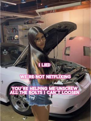 Plot twist 🥰 Bring an extra 10mm too 😤 #garage #pink #carwrap #mustang #verticaldoors #newedge #newedgeworld #zociety #z #hr #nissan #sdmodels #girlswhodrift #sandiego #sd #explore #explorepage 