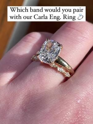 Our newest engagement ring style, Carla 💞 Named after our favorite FedEx driver 😘 Which band would you pair with Carla? ✨ #engagementring #engaged #weddingrings #weddingringset #weddinginspiration #wedding #engagementinspiration #labgrowndiamonds #diamondring #diamond #modernengagementring #customengagementring #uniqueengagementring #weddingbands #ethicalengagementring 