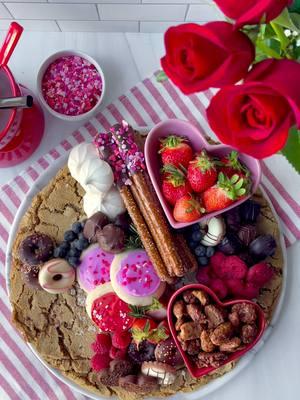 Chocolate Fondue Valentine’s Spread served on a 5lb cookie from @trexcookie Cookie! Why use a boring ol’ board when you can use a huge cookie and then eat it after?😁🍪 ❤️ You know how I love to repurpose things 😉 . ✨Follow along for more Charcuterie Boards, Midwest Accents, Tutorials, Recipes & more! . 📬 : TheBoardLoon@gmail.com  . . @TheBoardLoon also on TikTok & Facebook .  #charcuterie #Recipe #theboardloon #cheeseboard #tutorial  #charcuterieboard  #appetizer #cheese #graze #Foodie #valentines #cookie #bemine 