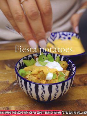 If you love Taco Bell like I do, save this & try making the Fiesta Potatoes at home! I craved these so much during quarantine (triggered! lol) so I made my own version – healthier than Taco Bell without compromising on flavor! Ingredients: 3 potatoes, washed and cubed (skin on) Queso/ nacho cheese Sour cream or greek yogurt 2 tbsp olive oil 1 tbsp taco seasoning ½ tsp red chili powder Salt to taste Toppings (optional) scallions , chopped Red peppers Onions Jalapeno Cilantro Directions: In a large bowl add the cubed potatoes, oil, taco seasoning, red chili powder, and salt. Mix well! **Air fry option: air fry the potatoes at 360 degrees for 10 minutes. (what I did) **Bake options: Bake the potatoes for 20 minutes at 400 degrees. Take the potatoes out and serve in individual bowls, top it with queso, sour cream, and your choice of toppings and enjoy! If you want more tips/notes, Google “zheelicious fiesta potatoes” and you’ll see everything listed there! Send this to someone who loves Taco Bell!!  #tacobell #athomerecipe #EasyRecipe #copycatrecipe #Foodie #desitok #browntok #gujju 