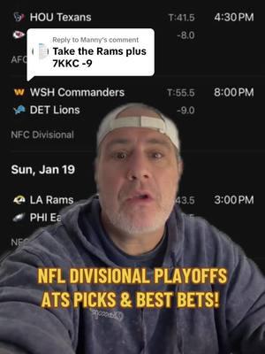 Replying to @Manny Drop your ATS Best Bets for Each game in the Comments. Let’s see who can SWEEP the Board. Side or Total for each #NFLPLAYOFF game. #rams #eagles #chiefs #texans #ravens #bills #lions #commanders #nflbettingpicks 