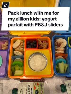 Pack lunch with me for my three elementary kids. We have one in kindergarten, second grade, and fourth grade.  Today they are having yogurt, parfait, with peanut butter and jelly sliders.  Dont forget to follow the new “pack with me” Instagram (same handle as this page!!)  #momlife #omielunch #kidslunchideas #lunchideas #omiebox #sahmlife #packlunchwithme #MomsofTikTok #kidslunch 