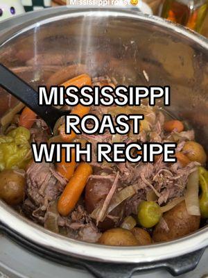 Mississippi roast One pack of chuck pot roast Half a bag of mini potatoes  One bag of carrots  One onion, diced up  A few pepperoncini Au Jus gravy pack  1 stick butter  splash of beef stock if you have it Cook on low for 6 hours  Enjoy 😉  #DinnerIdeas #crockpotrecipes #mississippiroast #chuckroast 