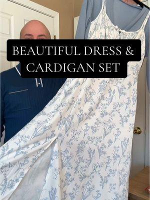 WOW, this dress and cardigan set is absolutely beautiful! The quality is incredible, the fact that you get the cardigan and the dress as a set in coordinating colors is perfection! ##dresses##womansfashion##brunchoutfit##officeattire##springdress##cardiganoutfit