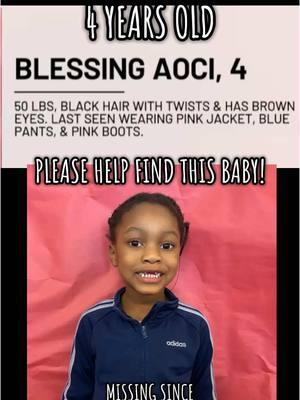 BLESSING AOCI An Amber Alert has been issued for a girl in Rock Island, illinois Thursday morning. Four-year-old Blessing Aoci was in the booster seat of her mother's car when someone stole the car at about 6 a.m. in the intersection of 14 Street and 13th Avenue, according to an Amber Alert issued by Illinois State Police. The vehicle was recovered a short time later at 9th Street and 14th Avenue and the child was still missing, police said. Aoci is a black 4 year old girl, who weighs 50 pounds and has black hair with twists and brown eyes. She is wearing a pink jacket, blue pants, and pink boots. #urgent #blessing #blessingaoci #aoci #missing #stolen #stolenvehicles #stolencar #illinois #lookout #urgente #amber #amberalert #boost #boostofhope #boosted #search #illinois #indiana #wisconsin #minnesota #missouri #ohio #iowa #kentucky #onthelookout #breathe #takeamomenttobreathe #innocence #innocent #fy #fyp #foryoupage #where #help #helpme #helpmeplease #awareness #xy #truecrime #crimetok #crimejunkie #truecrimeallthetime #crimetok #crimestory #urgent #💔 #justababy #BlackTikTok #blm #blacklivesmatter 