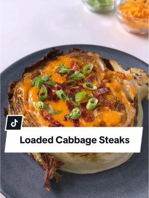 Think of these low-carb cabbage steaks as a twist on the classic baked potato. With melted cheese, bacon, scallions, and a touch of sour cream, we’ll be making these on repeat! Ingredients - 1 medium green cabbage (3 lbs.) - 1 tablespoon extra-virgin olive oil - 1 teaspoon garlic powder, divided - 1/2 teaspoon ground pepper - 2 tablespoons unsalted butter, melted - 1 cup shredded sharp Cheddar cheese - 3 slices cooked bacon, chopped - 1/4 cup thinly sliced scallions - 1/8 teaspoon salt - 1/4 cup reduced-fat sour cream Directions 1. Preheat oven to 425°F. Line a large rimmed baking sheet with foil. 2. Remove and discard any damaged outer leaves from cabbage. Slice the cabbage vertically into 4 (3/4-inch) steaks. Brush both sides of the cabbage steaks with oil; transfer to the prepared baking sheet. Sprinkle both sides evenly with 1/2 teaspoon each garlic powder and pepper. 3. Bake, flipping once, until tender and charred along the edges, 45 to 50 minutes. Meanwhile, whisk melted butter and the remaining 1/2 teaspoon garlic powder in a small bowl until evenly combined. 4. Remove the cabbage steaks from the oven; immediately brush the top of each steak with garlic butter. Top the center of each steak with 1/4 cup cheese, about 1 tablespoon bacon and 1 tablespoon scallions. Bake until the cheese is melted, about 3 minutes. 5. Remove the cabbage steaks from the oven and sprinkle with salt. Top each steak with 1 tablespoon sour cream. To access the recipe on our website, go to our profile then click the likeshop link. From there, click on the image that corresponds to this video. Psstt: in case the sun sets on TikTok this week, come follow us on Instagram!  #fyp #cabbage #cabbagesteak 