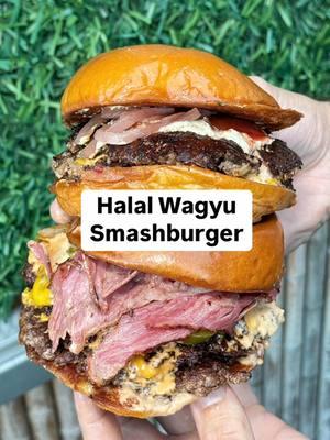 The Halal Wagyu Smashburger of our dreams! 🍔 This might be one of the best burgers we've had all year over at @gullyburgerofficial. 💪🏼 A stack of 4x4 smash patties and cheese, house sauce, sweet grilled onions, and pickles made in house! Pro-Tip: Add some extra Wagyu Pastrami! 😮‍💨 #wagyu #halal #smashburger #pastrami @thomaskellogg 