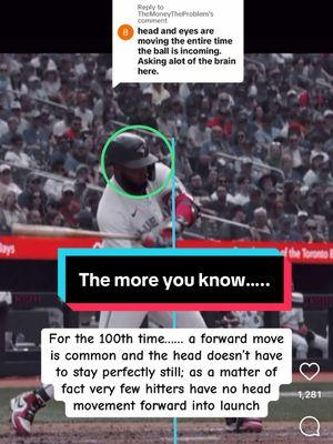 Replying to @TheMoneyTheProblem I wish people would pay more attention to hitting before commmeting on hitting videos….. Just because someone told you something or just because a few players do something doesn’t make it an absolute. Go watch Hank Aaron, Willie Mays, Mike Trout, Mookie Betts, and tons of other greats. They /their head is moving forward into launch as the pitch is in flight #headstabilization #hammertime #swingart #hittingtips #hittinginfo #bigleaguemoves #hittingfundamentals