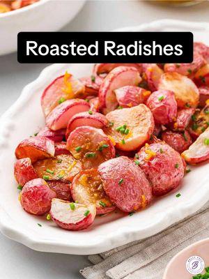 If you’ve only ever eaten raw radishes, try this roasted radishes recipe! They’re tender and mellow with a light, bright vinaigrette for an easy side dish all year round or for tye holidays. #radishes #roastedvegetables #easysidedish 