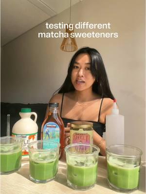 testing which matcha sweetener is the best 🍯 imo - simple syrup and agave are the best! I used to use maple a lot but now it just tastes too much like pancakes and overpowers the matcha  _____ #matcha #matchatok #matchalatte #matchasweeteners #matchagirl #agave #simplesyrup #matchatips 