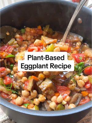 Add more plant based protein to your diet with this Greek style Eggplant Recipe - This easy eggplant recipe is the next recipe in my 30 Day Mediterranean Diet Meal Plan!  This simple vegan eggplant recipe with chickpeas and tomatoes is all the comfort! And you’ll love the Greek flavors thanks to a little extra virgin olive oil and a combination of warm spices including oregano, paprika, and a pinch of cinnamon. Plus, this recipe is full of plant based protein thanks to chickpeas!  ▢ 1.5 lb eggplant cut into cubes ▢ Kosher salt ▢ Extra Virgin Olive Oil I used Private Reserve Greek EVOO ▢ 1 large yellow onion chopped ▢ 1 green bell pepper stem and innards removed, diced ▢ 1 carrot chopped ▢ 6 large garlic cloves minced ▢ 2 dry bay leaves ▢ 1 to 1 1/2 tsp sweet paprika OR smoked paprika ▢ 1 tsp organic ground coriander ▢ 1 tsp dry oregano ▢ 3/4 tsp ground cinnamon ▢ 1/2 tsp organic ground turmeric ▢ 1/2 tsp black pepper ▢ 1 28- oz can chopped tomato ▢ 2 15- oz cans chickpeas reserve the canning liquid ▢ Fresh herbs such as parsley and mint for garnish #eggplant #eggplantrecipe #greekrecipe #greekfood #veganrecipe #veganfood #mediterraneanfood #mediterraneandiet #mediterraneanstyle #greekstyle #eggplantstew #plantbasedrecipes #plantbased #plantbasedprotein 