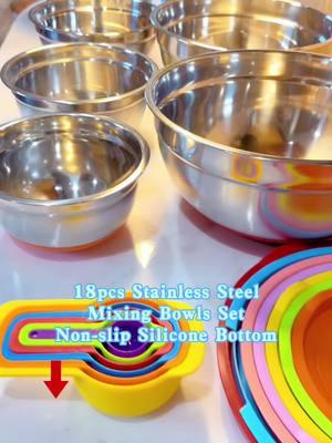 Mixing Bowls with Airtight Lids, 18pcs Stainless Steel Nesting Colorful Mixing Bowls Set Non-slip Silicone Bottom #fyp #foodcontainer #bowl #bowls #stainlesssteel #container #bowlset 