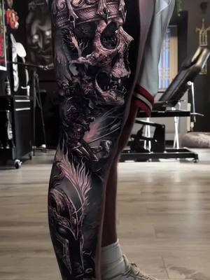 By @Dom Brown  #legsleeve #tattooed #realismtattoo #darkart #darkarttattoo #blackandgreytattoo #tattoo #skulltattoo #scene360 #blackandgrey #realistictattoo 