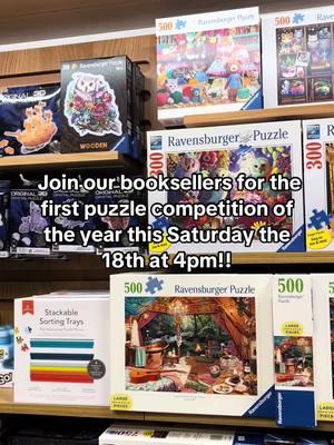 We are just a day away from our big puzzle event! Time is running out to secure your spot! We know our booksellers are so excited and have been training all week to improve their own times! In case you missed it, we are having a timed puzzle event this Saturday at 4pm! We only have space for 10 teams of two (or individuals) so be sure to call our store to reserve a spot! Check in will start as early as 3:30, no sooner. Players will be given a timer and there will be prizes! Which includes a Ravenburger puzzle (within the price range of $30) if you have any questions, please feel free to ask us! #puzzles #puzzlecommunity #puzzlechallenge #ravenburgerpuzzle #joinus #saturdayshenanigans 