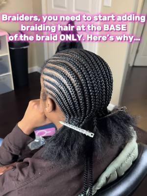 HERE’S WHY YOU SHOULD START ADDING BRAIDING HAIR AT THE BASE OF THE BRAID! 👇🏾           *FOR STITCH BRAIDS* REDUCED TENSION: Adding braiding hair towards the bottom of the braid opposed to adding it throughout releives a lot of tension that can cause irritation, sensitivity, or hair loss.  LONGEVITY : Also, the reduced tension makes the style more comfortable for the client, making it perfect for a longer wear.  UNIFORM LOOK: I also find that adding braiding hair at the base of the braid gives the stitches a much cleaner and uniform look!  What method do you prefer for adding in braiding hair???  #braids #braidersontiktok #braider #knotlessbraids #tutorial #braidstutorial #howtobraid #braiding #hairvideos #hair #satisfying #watchme #knotless #bohobraids #boho #humanhair #jumbo #jumboknotlessbraids #hairbyjojo #stitchbraids 