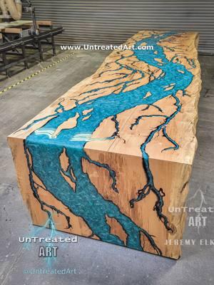 Estuary table, 16ft live edge Maple & Teal resin with two waterfall legs ⚡🔥🌊 #UntreatedArt #epoxy #resin #woodworking #rivertable #woodworker #epoxyart #interiordecor 