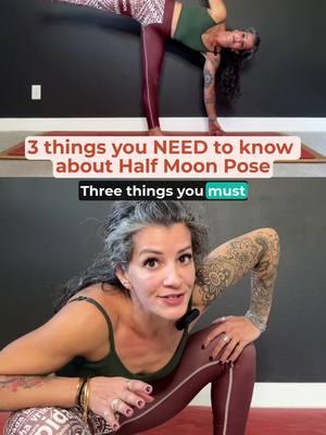 3 Things You NEED to Know About Half Moon Pose 👇 Half Moon Pose (Ardha Chandrasana) is one of my favorite standing poses in yoga. It'll test your balance and flexibility and is a really fun pose to use in transitions! Be sure to SAVE this post so you can try these tips in your next practice! 1️⃣ If you feel like your top leg weighs 50 pounds... Engage your glutes, flex your foot, and drive through your heel as if you're aiming for a karate kick. The more active your top leg is, the lighter it will feel! 2️⃣ Don't forget about your bottom leg! Keeping your top leg engaged will help keep you lifted, but your bottom leg is what keeps you stable in your Half Moon. Hugging the outer hip of your bottom leg IN allows you to open your top hip to stack it over the bottom, and voila! No more floppy, heavy Half Moon! 3️⃣ Take the ego out of the equation! If you want to CRY every time you come into Half Moon because you can't reach the floor but can't stay lifted, use a block! Blocks offer support by bringing the floor up to meet you so you can practice the pose in a way that feels good for your unique body! If you just learned something new about Half Moon and want even more detailed pose tips and modifications to help you practice confidently... 🔴 Click the l!nk in my b!o to check out my No Bullsh*t Yoga Pose Library that breaks down over 90 of the most common yoga poses. It's the last yoga guide you'll ever need! . . . #armbalancetraining #yogabalancepose #yogabalanceact #yogabalancepose #yogabreath #onandoffthemat #yogaforbegginers #flexibilitytips #yogapracticeeveryday #handbalancing #yogatips #learnyoga #handstandtraining #yogastrength #yogaflexibility . how to arm balance yoga, how to do handstand, crow pose yoga, balancing yoga poses, yoga arm balances for beginners, arm balance yoga class, learn yoga arm balance