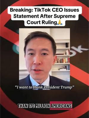 TikTok CEO makes statement after Supreme Court Ruling on TikTok Ban🙏  #ceo #shou #tiktokban #scotus #update #foryoupage #fypツ #update #breakingnews #usa🇺🇸 #america 