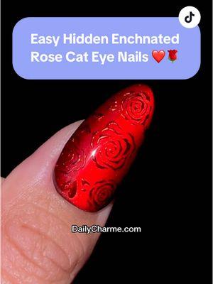 Easy Hidden Cat Eye Enchanted Glass Rose Nails perfect for Valentine's Day ❤️✨🌹  💅 Everything used for this look is from the brand Daily Charme & is listed below. All goodies are available now in our TikTok shop or via the 🔗 in bi0 💖 💕 Save & share for Valentine’s Day inspo! Using @daily_charme: • 001 Perfect Black • C09 Mooncat • Strong Cat Eye Magnet Cylinder • Gold Lovestruck Roses Valentine Sticker • Pink Nail Art Tweezer • T04 Cosmopolitan • Diamond Shine Top Coat (HEMA FREE) #hiddennailart #cateyenails #valentinesdaynails #rosenailart #enchantednails #romanticnails #dailycharmeproducts #gelnailart #chromenails #nailtutorial2025 #trendynailart #valentinesdaymanicure #diyvalentinesnails #naildesignideas #nailartinspo 