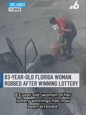 Surveillance video from a Florida gas station captured the moments when an 83-year-old woman was robbed by a man after she won the lottery. Diego Tavarez Fleury was arrested by the Orange County Sheriff's Office on Thursday and was charged with robbery and battery on a person 65 years of age or older. According to deputies, the victim, Ruth Monroe, was leaving Buddy's Food and Lotto on Wednesday, after winning $200 from a lottery ticket she bought from the store. #lottery #orlando#florida#caughtoncamera