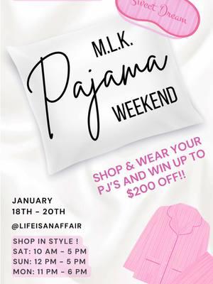 Shop in style this holiday weekend!  Join us January 18th - 20th in your Pajamas and get the chance to win up to $200 off of a full price gown!  You won't want to miss it!  We can't wait to see you there!  #AATRNC #agirltoremember #aatrnc #anaffairtoremember #formalwear #prom #promdress #schooldance #longdress #fayetteville #northcarolina #myrtlebeach #wilmington #raleigh #charlotte #highschoolprom #fyp #promqueen #shopprom #longdress #promshopping #shop #sale #MLKWeekend #MLKShopping Liked by rarahorne and 198 others