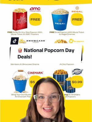 🍿 National Popcorn Day is Sunday, January 19 and we've got the deals to help you celebrate! 🎥 @Cinemark is doing a BYOB - Bring Your Own Bucket for just $5! 🎥 @AMC Theatres is doing free refills on ANY size popcorn. This is typically available for Stubs members on large size popcorns only. 🎥 @Regal Cinemas is giving a free small popcorn with any movie ticket purchase! Hit the 🔗 in our bio for MORE National Popcorn Day deals! #freebies #freestuff #freefood #nationalpopcornday #popcorn #cinemarktheatres #amctheatres #regalcinemas #movietheatre #krazycouponlady