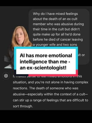 AI is more emotionally intelligent than I am.. not surprising considering I grew up in #scientology and it feels like one of their main forms of coercive control is #emotionalcontrol its sad and awful and I’m glad #chatgpt can help me recover! 