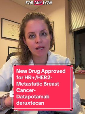 New drug approved for hormone receptor positive/HER2 -negative metastatic breast cancer: datapotamab deruxtecan (Datroway). This medication is in the class of medications of antibody drug conjugates (like Enhertu and Trodelvy).  The approval is based on the Tropion-Breast 01 trial, which showed that datapotamab deruxtecan reduced the risk of disease progression or death by 37% when compared to chemotherapy. The progression free survival (time without disease progression or death) was 4.9 months in patients receiving chemotherapy and 6.9 months in patients receiving datapotamab deruxtecan.  Patients must have received prior chemotherapy and endocrine therapy for metastatic breast cancer to be eligible to receive this medication.   In terms of side effects- we need to monitor for: stomatitis (inflammation of 😬 mouth/gums), pneumonitis (inflammation of the 🫁lungs) and ocular (eye) 👀 side effects. More common side effects include 🤢 nausea, 💤 fatigue, elevated liver enzymes, low 🩸blood counts and hair loss/thinning.  Let me know your questions! #breastcancer #metastaticbreastcancer #mbc  #stage4cancer 