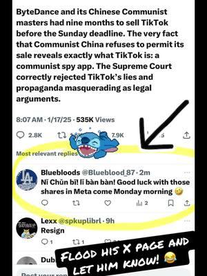 Time to let them know who they work for not the other way around. #tiktokban #facebook #instagram #META #Jan192024 #stocks #stockmarket #USA #TikTokShop #tiktokban #runitback #mandarin #iykyk #wethepeople #dirtypolitics #standtogether #losers #happytoassistinthisjourney #Worldnews #weshuttingitdown #Tiktokfoever #tiktokrefugee #thefinalcountdown #Twitter #X #hewillbesoretomorrow #MondayJan19th2024 #viral #trending #herecomestheboom 