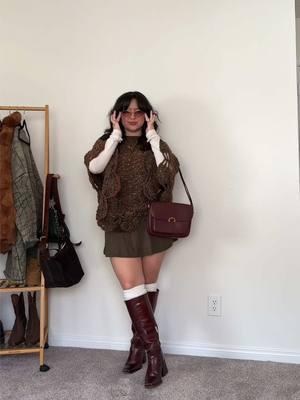 inspired by the fashion & editing icon @Miranda Sanchez ⭐️⭐️⭐️ maybe my last edited fit vid i’m sharing here 🥲 i’m also delusionally optimistic that for some reason we’ll get to keep tiktok…….. but maybe not  #wearingvsstyling #stylingideas #sweaterweather #miniskirtoutfit #kneehighboots #earthyvibes #bohooutfits #shawloutfit 