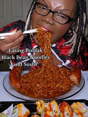 Eating Buldak Black Bean Noodles, Sausage  and Sushi.  #buldaknoodles #blackbeannoodles #asmr #foodreview #eatwithme #mukbang 