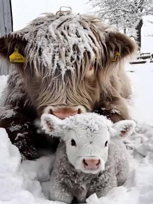 The mother cow shielded her calf from the snowstorm#highlandscoffee #highlandcow 