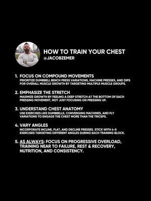 How to train your chest… effectively: 1️⃣ Focus on compound movements 2️⃣ Emphasize the stretch portion of the lift 3️⃣ Understand the anatomy of the chest 4️⃣ Vary the angles of your lifts 5️⃣ As always, focus on: 🔘 Progressive overload – Gradually increase the weight you lift. This challenges your muscles and forces them to grow. Aim to increase the weight or the number of reps each week. 🔘 Training near to failure – Focus on lifting with high intensity. Aim to stay within an RIR (Reps In Reserve) range of 1-2 or an RPE (Rate of Perceived Exertion) of 8-10. 🔘 Rest and recovery – Ensure you have adequate rest between sets and workouts. Muscles grow during rest, so don’t neglect your recovery time. Aim for at least 72 hours of rest before working the chest again. 🔘 Nutrition – Proper nutrition is key to muscle growth. Ensure you’re consuming enough protein, healthy fats, and carbohydrates. If you aren’t hitting your protein goal, simply increase the portion size of proteins in each meal. For example, if you’re currently eating 6oz of protein, boost that to 8oz. If you still aren’t hitting your protein target, consider supplementing with shakes and protein bars. 🔘 Consistency – Stay consistent with your workouts and nutrition. Results take time, so keep at it and stay patient. #chest #chestday #reprange #hypertrophy #fitnesstips #fitnesstip #fitness #bodybuilding #training #muscle #strength #workoutvideos #workoutvids #performancecoach #personaltrainer #nyctrainer #nycfitnesstrainer #nycfitfam 