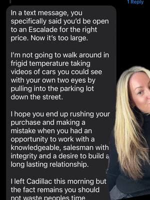 #greenscreen since TikTok is on the outs let’s share the absolutely unhinged message the car salesman from my local #cadillac dealership sent me after he harassed me for 2 months straight. Since the owner of the dealership told me to “call him directly if I ever need anything” and now he’s not returning my calls…….. oh well. #goldcoastcadillac #carsalesmen #men #menbelike #whymen #therapy #gototherapy 