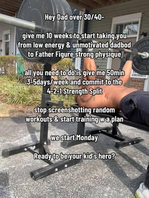 Super dad routine shared in bio🔗  4-2-1 Training Split  4 Upper - 2 Lower - 1 Mobility  Monday: Shoulders + Grip + Core Major Lift: Push Press + Farmers Carry Tuesday: Legs + Lactate Threshold 1 Major Lift: Back Squat + Step Ups Wednesday: Upper Back + Biceps Major Lift: Pull-Down/Pull-Up Variations Thursday: Chest + Triceps Major Lift: Bench Press (3 Variations) Friday: Legs + Lactate Threshold 2 Major Lift: Deadlift + Front Squat + Bulgarians Saturday: Push Pull + Sprints + Core Major Lift: Incline Bench + Hang Power Clean Sunday: Active Recovery Steady Cardio + Mobility ##superdad##dadswholift##dadsover30##garageworkout##fitdad