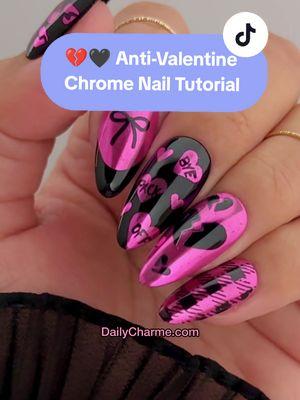 Easy Chrome Mix 'n Match Anti-Valentine's Day Nails 🖤🩷💔 💅 Perfect for breaking hearts, not nails. Save & share for inspo! Using @daily_charme: • Candy Pink Chrome (NEW) • 001 Perfect Black • 309 Raspberry Jam • 4-in-1 Nail Art Multi Dotting Tool (NEW) • Chrome Effect Gel • Foil Transfer Gel • 5-in-1 Strengthening Gel • Diamond Shine Top Coat • Almond Medium Clear CG Extension Tips #antivalentinesnails #chromenails #mixandmatchnails #valentinesdaynails #nailtutorial #dailycharme #diynails #nailartinspo #gelnails #blacknails #pinknails #trendynails #maniinspo #easynailart 