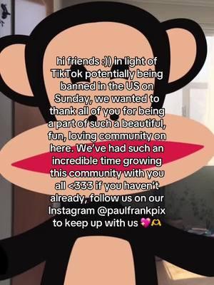 we don’t know what’s going to happen, but in case of the worst you can find us on our Instagram @paulfrankpix (link in bio) 🫶🫶 we love you guys so much, thank you for all of your love and support!! 💖💖  #tiktokban #tiktok #ban #paulfrank #cartoon #y2k 