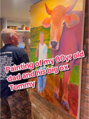 A local artist created this painting of my dad and Tommy.  We stopped a while back to see it for the first time on the way home from his follow up appt for his new knee.  He’s so cute 🥰. Gonna miss this app sooo much!#tommytheox #firemanfarmer 